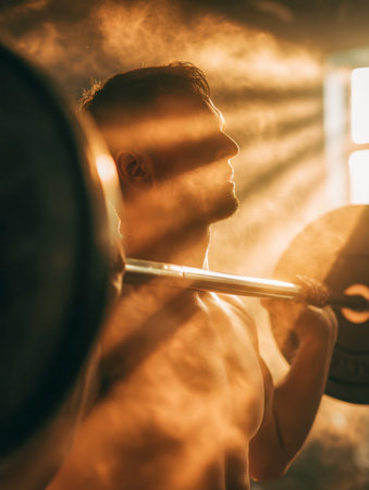 A hefty silhouette of a man demonstrating intense strength, as golden rays pierce through floating dust particles, creating a motivating and dynamic gym scene.の写真素材