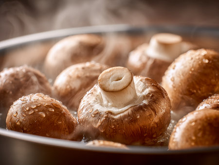 Juicy brown mushrooms gently steaming, glistening with moisture under warm kitchen lighting, creating a cozy atmosphere perfect for culinary moments.の写真素材