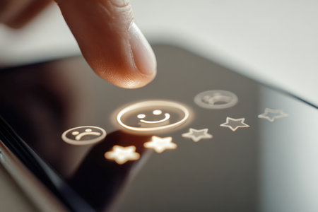 A cheerful individual confidently taps a vibrant digital screen, symbolizing high-quality service and positive feedback in a modern online evaluation setting.の写真素材