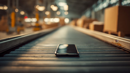 A solitary smartphone rests on a bustling conveyor amid stacks of parcels, capturing the essence of modern logistics in an active industrial setting.の写真素材