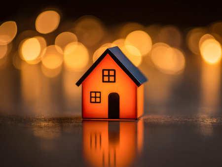 A tiny illuminated house radiates a gentle glow, set against a backdrop of shimmering golden bokeh that softly reflects, creating an inviting, warm atmosphere.の写真素材