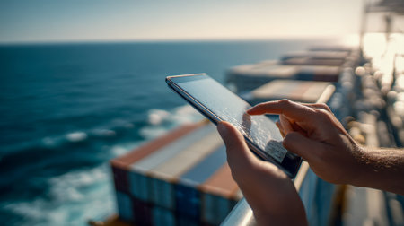 A professional taps on a tablet amid the ship's equipment, with a vast blue sea stretching behind, embodying modern navigation and logistical innovations at sea.の写真素材