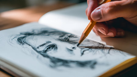 An artist's hand delicately crafts a lifelike woman?s visage with precise pencil strokes, embodied concentration and mastery in portrait artistry.の写真素材