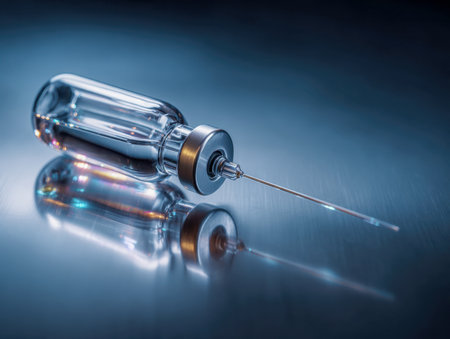 A clear glass container with a sleek needle beside it, illuminated by intense lighting that casts striking reflections on the shiny metal backdrop, evoking a preciseの写真素材