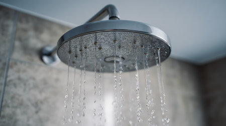A sleek, circular shower fixture disperses gentle streams of water against stylish tiled surfaces, illuminated by warm, natural light creating a calming bathroom sceneの写真素材