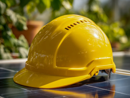A vibrant yellow protective helmet gently placed atop a solar energy device, surrounded by lush greenery, highlighting eco-friendly construction practices outdoors.の写真素材