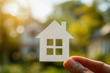 A person's hand presents a simplistic paper house silhouette against a softly blurred outdoor landscape, evoking themes of property ownership and potential for growingの写真素材
