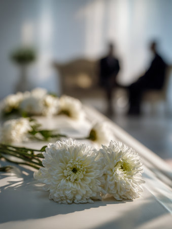 Gentle white bloom arrangements rest on a polished surface as two out-of-focus silhouettes converse softly in a warmly illuminated space, evoking serenity and introsの写真素材