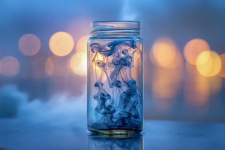 A transparent jar containing shifting navy ink in clear water, set against a soft-focus light background, producing an enchanting, fluid masterpiece.の写真素材