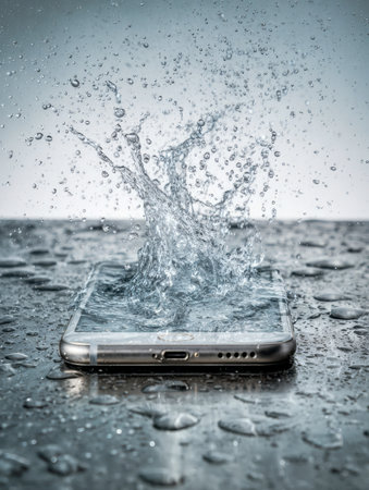A sleek mobile device plunges into liquid, creating an intense splash and suspended droplets, reflected on a glossy surface against a gentle gradient backdrop.の写真素材
