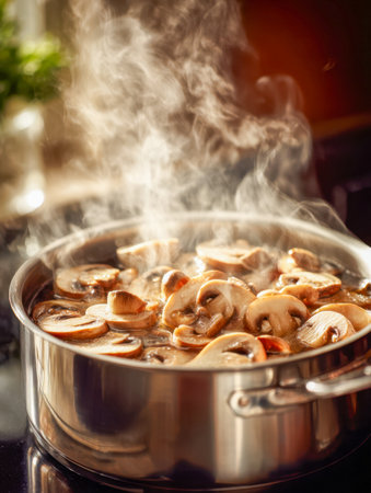 Juicy mushroom slices gently saut? in a gleaming pan, ambient sunlight illuminating a cozy kitchen setting filled with comforting warmth.の写真素材