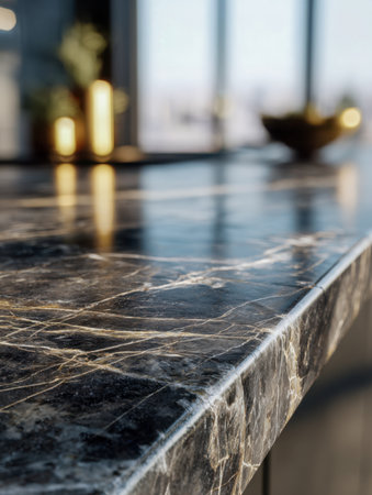 A sleek, glossy black stone surface with intricate veins and reflective highlights highlights a sophisticated kitchen setting, emphasizing upscale modern decor and rの写真素材