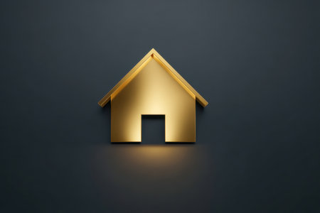 A sleek, luminous golden house silhouette stands out against a deep shadowed backdrop, embodying sophistication and contemporary property branding.の写真素材