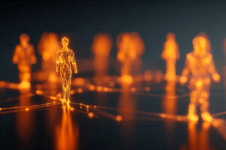 Dynamic glowing silhouettes linked by luminous threads, representing interconnected minds and seamless digital exchange in a futuristic tech landscape.の写真素材
