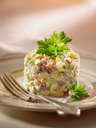 A vibrant medley of crisp vegetables blended with a rich, smooth dressing, elegantly arranged on a plate and topped with fresh parsley for a wholesome starter.の写真素材