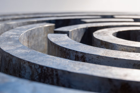 A close-up of a metallic sculpture featuring intricate circular patterns, emphasizing textured surfaces and smooth curves under gentle sunlight with blurred backgrouの写真素材
