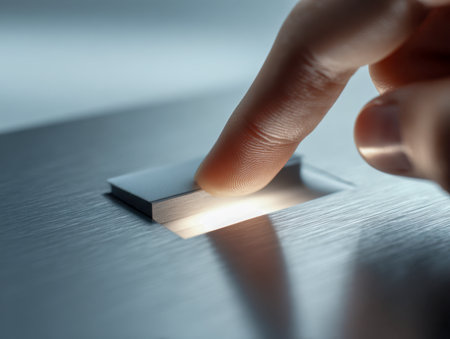 A close-up of a finger pressing a stylish, contemporary biometric sensor set into a metallic surface, emphasizing advanced security and identity verification.の写真素材