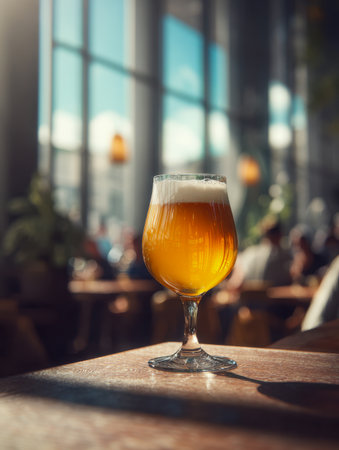 A shimmering pint of craft ale with a lush foam crown rests on a warm wooden surface, basking in sunlight through expansive windows in a inviting, contemporary bar.の写真素材