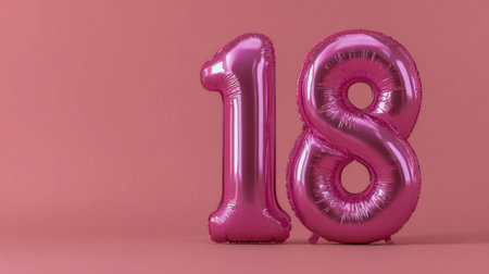 Vibrant metallic pink balloons forming the number eighteen add sparkle to a gentle pink backdrop, perfect for highlighting a special event with space for personalizeの写真素材
