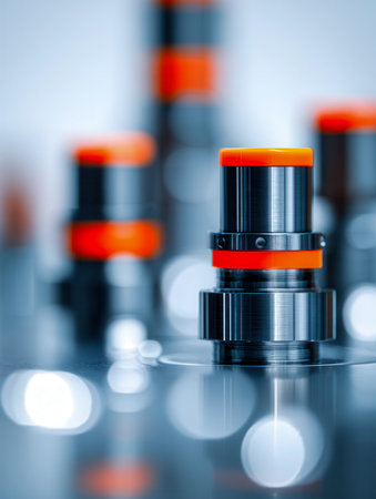 A meticulous display of engineered metal parts featuring vibrant orange details, set amidst sleek machinery, emphasizing cutting-edge fabrication and accuracy.の写真素材
