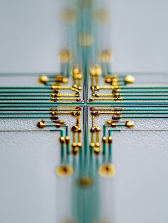 A close-up captures the fine craftsmanship of a vibrant green and shimmering gold electronic component, highlighting meticulous solder joints and slender, parallel cの写真素材