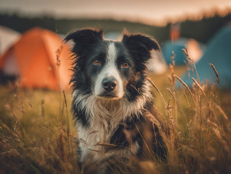 A monochrome canine rests calmly on lush grass, with vibrant camping shelters softly fading into a warm, glowing sunset backdrop.の写真素材