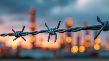 A weathered fence adorned with sharp, corroded barbs stands against a backdrop of glowing refinery lamps, casting a haunting glow under a tranquil evening sky.の写真素材