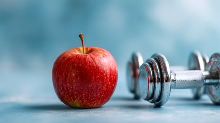A vibrant red fruit beside gleaming metal weights on a gentle blue background, embodying harmony between nutritious eating and strength training in contemporary wellの写真素材