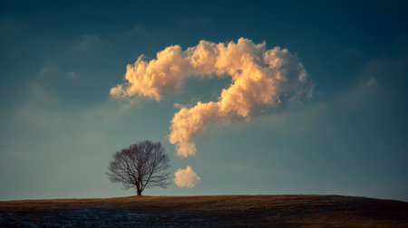 A solitary leafless tree stands atop a gentle incline, overshadowed by a cloud mimicking a questioning symbol amid a moody evening sky, inspiring introspection.の写真素材