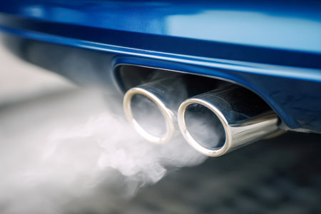 A sleek blue car with polished chrome tailpipes emits a cloud of smoky fumes against a chilly backdrop, highlighting urban transportation and environmental impact.の写真素材