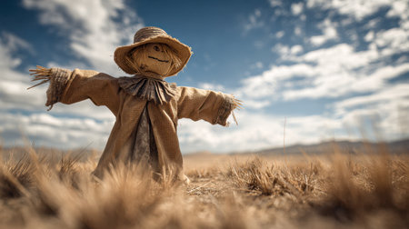 A weathered figure in tattered clothes overlooks a parched landscape, silhouetted against an ominous sky, evoking rural tradition and the quiet end of harvest seasonの写真素材