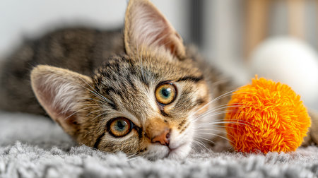 A playful tabby kitten lounges comfortably on a plush gray surface, its keen gaze fixed on the camera, beside a lively orange fuzzy toy that adds a burst of color toの写真素材