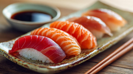 A vibrant selection of handmade sushi sits atop a textured ceramic dish, complemented by soy sauce and traditional wooden chopsticks on a warm wooden surface.の写真素材