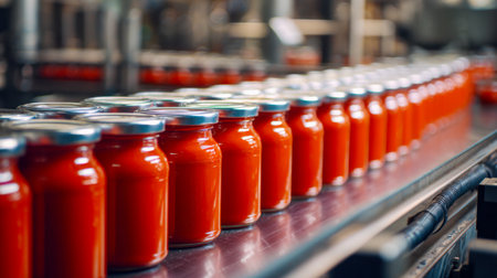 A sleek, organized factory floor showcases a continuous flow of uniform glass containers filled with vibrant red sauce, harnessing automation to ensure efficient proの写真素材