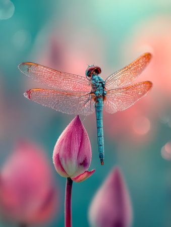 A striking azure dragonfly rests gently on a soft pink flower bud, its shimmering wings radiating a gentle glow amid a dreamy, multicolored bokeh backdrop.の写真素材