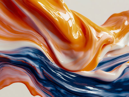 Bold streams of shimmering orange, white, and dark blue swirl energetically, creating a lively abstract pattern against a subtle, calming backdrop.の写真素材