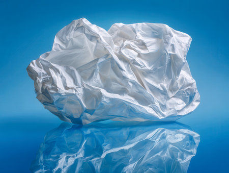 A textured white paper sphere rests on a shiny surface, casting subtle reflections against a calming blue backdrop that forms an intriguing abstract pattern.の写真素材