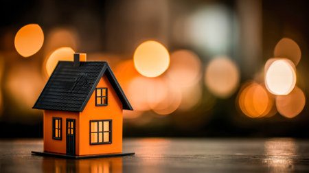 A charming miniature orange home with a contrasting dark roof rests on a glossy surface, mirrored beautifully beneath soft, glowing bokeh lights evoking a warm, inviの写真素材
