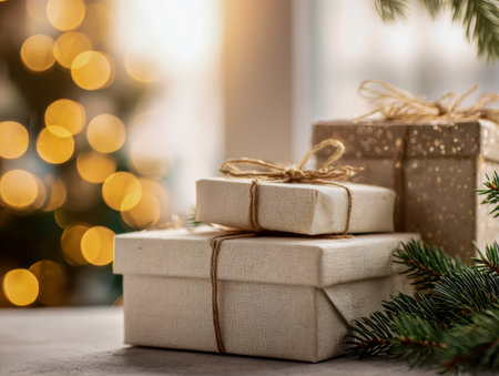 Cozy holiday scene featuring handcrafted parcels tied with rustic twine, nestled among evergreen foliage and soft, shimmering lights that evoke warmth and festive chの写真素材