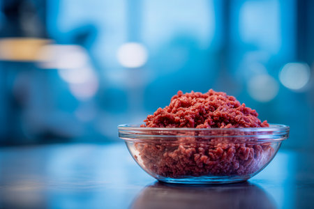 Juicy ground beef in a transparent glass dish rests on a countertop, set against a softly blurred blue backdrop, inspiring flavor-packed culinary creations.の写真素材