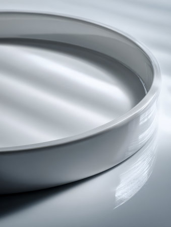 A sleek ceramic dish with a polished finish captures gentle daylight, set against a pristine white backdrop, perfect for elegant home styling or stylish serving presの写真素材