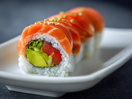 Vibrant sushi rolls featuring tender salmon, creamy avocado, and crunchy vegetables, artfully arranged on a pristine white dish that highlights their tempting hues aの写真素材