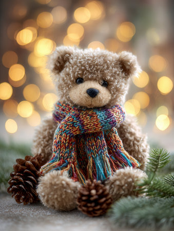 A sweet plush bear dressed in a vibrant knitted scarf sits amidst pinecones and lush evergreen foliage, illuminated by gentle golden glow for cozy holiday charm.の写真素材