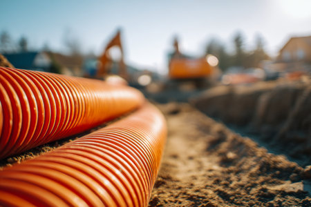Bright orange hoses curve across a construction zone's dirt surface, with heavy machinery and distant houses softly blurred under a clear, sunlit sky.の写真素材