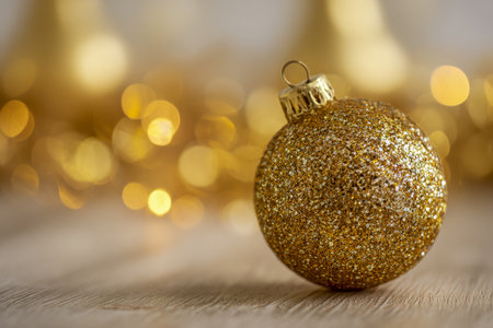 A radiant gold holiday ornament rests on a rustic wooden surface, its shimmering surface catching the warm glow of soft bokeh lights, creating a cozy festive ambianceの写真素材