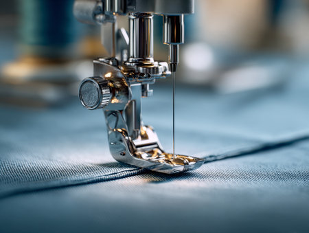 Close-up of a sewing machine components delicately guiding fabric in a well-lit workshop, highlighting craftsmanship and intricate stitching under gentle illuminatioの写真素材