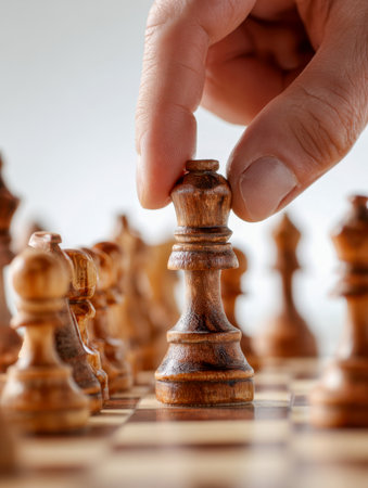 A focused hand carefully shifts the regal wooden piece amid a tense match, with a timeless chessboard and softly blurred opponents in the backdrop.の写真素材