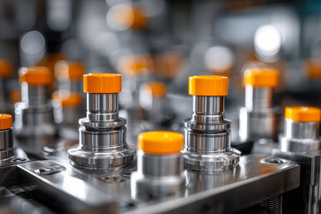 Close-up of cylindrical metal parts topped with vivid orange covers, meticulously aligned on an advanced production line amidst a sleek, high-tech factory setting.の写真素材