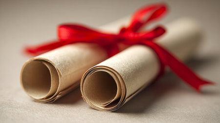 Two aged parchment documents gently secured with a vivid red ribbon, evoking a sense of significance, tradition, or treasured legacy on a subtle backdrop.の写真素材
