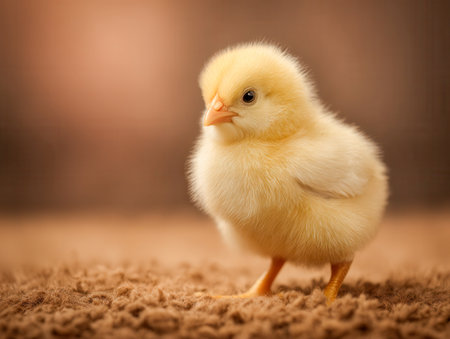 A tiny, downy chick with vibrant yellow feathers perches on a plush, gentle surface, surrounded by a softly glowing, inviting backdrop in a peaceful outdoor scene.の写真素材